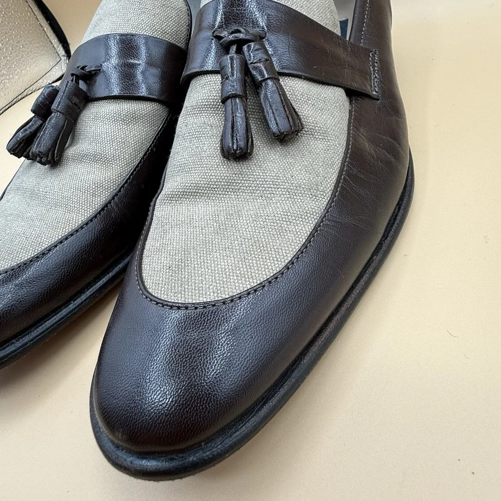 Giorgio Brutini Mens 10.5 Tassel Loafers Brown Leather Canvas Two Tone Resort